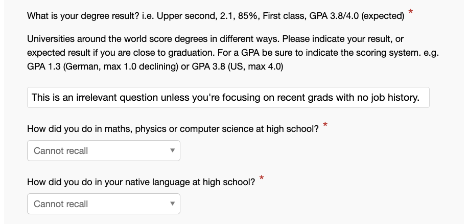 Part of a job application asking your college GPA and how you did in Math/Science and English in high school